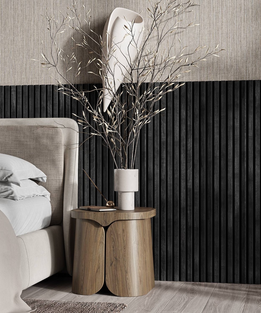 МДФ стеновая панель акустическая Cosca Decor Сканди Дуб Графит черный войлок 600×600×19 фото в интерьере